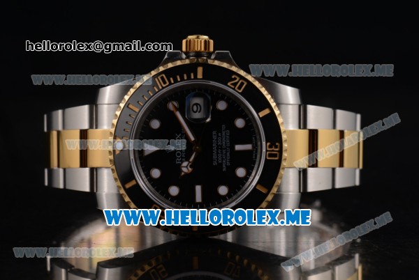 Rolex Submariner Clone Rolex 3135 Automatic Two Tone Case/Bracelet with Black Dial and Dot Markers (BP) - Click Image to Close